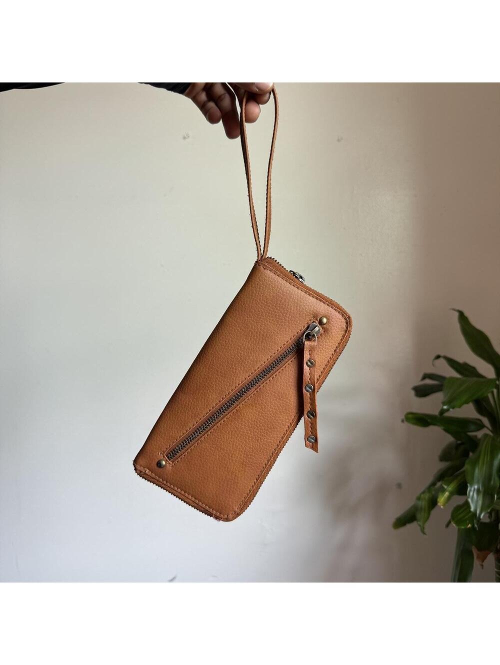 Free People Vegan Leather Cognac Brown Zip Around Wristlet Wallet